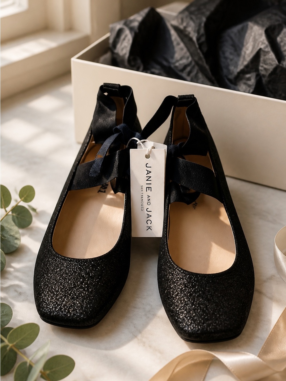 Janie and Jack Black Glitter Tie Ballet Flats